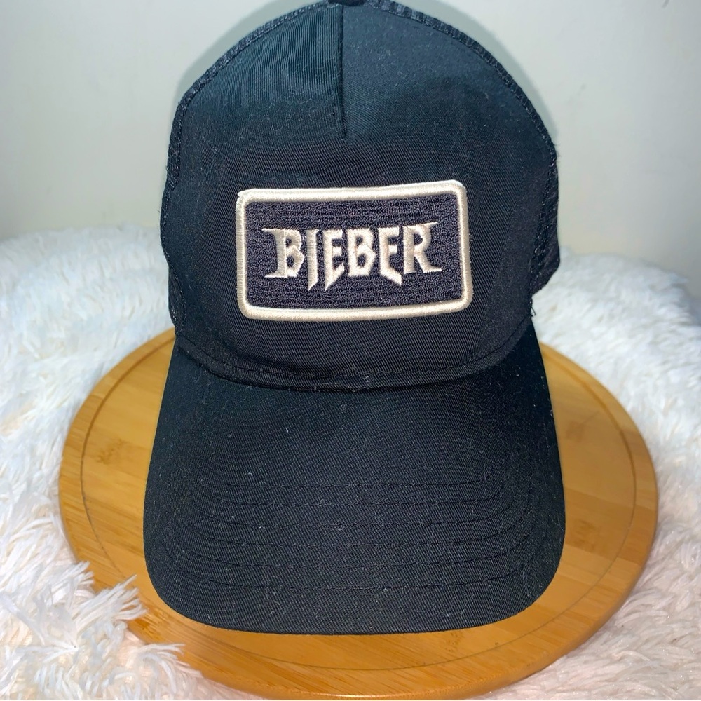 BIEBER Trucker Hat Cap Black Front Patch Mesh Snapback